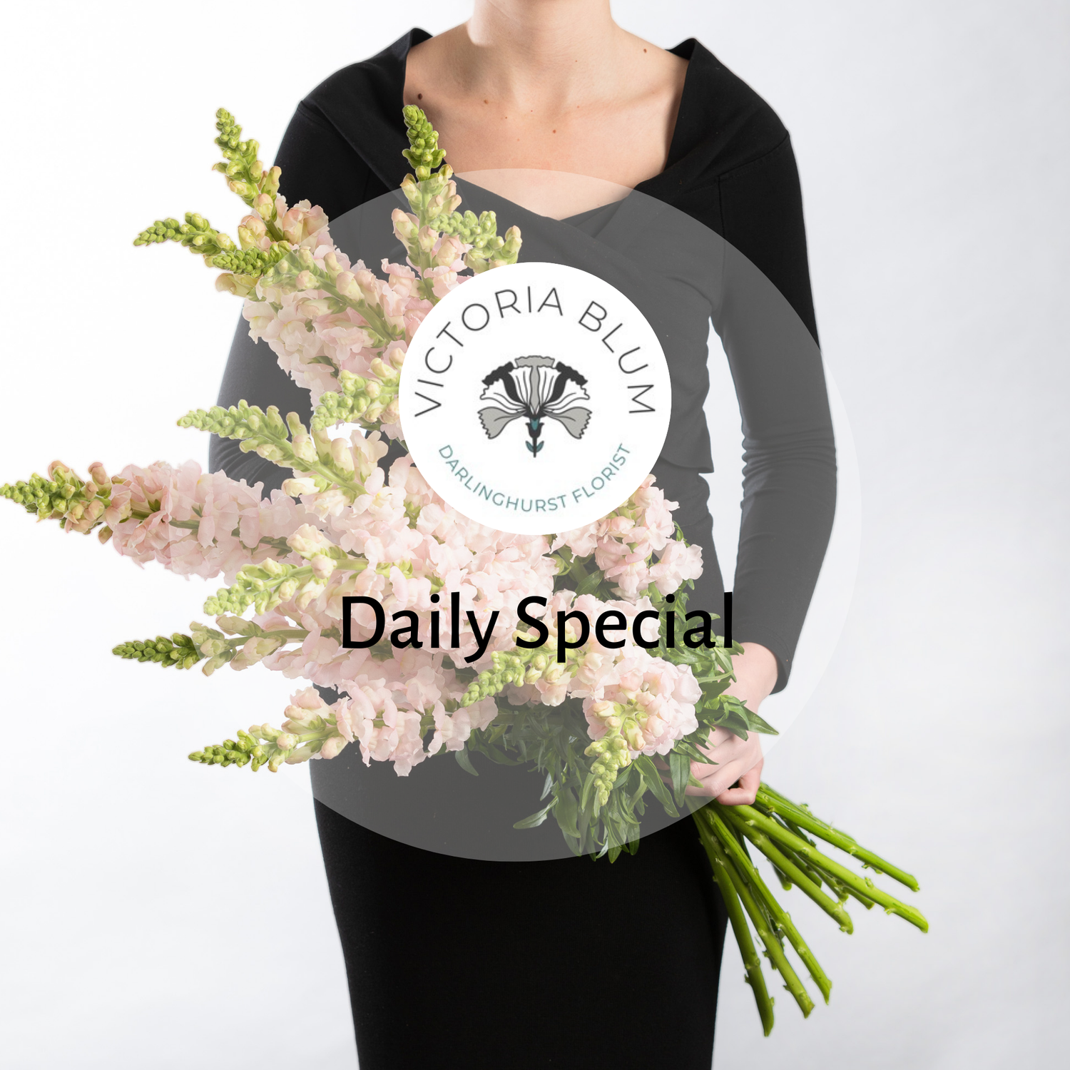 A woman wearing black holding a bouquet ot soft pink snapdragon flowers in a bouquet.